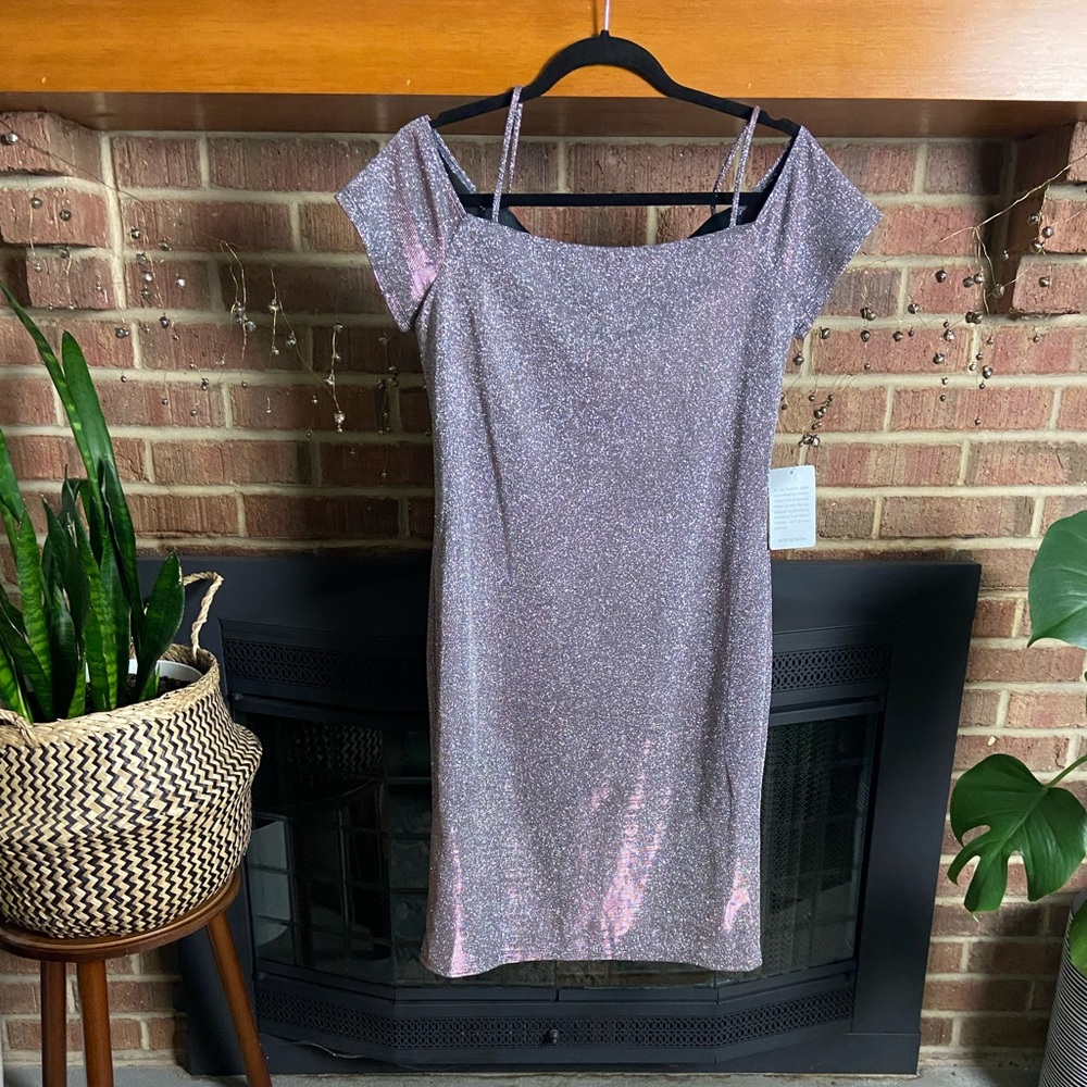 NWT MARINA Silvery Pink Square Neckline, Off-The-Shoulder Dress, Size M